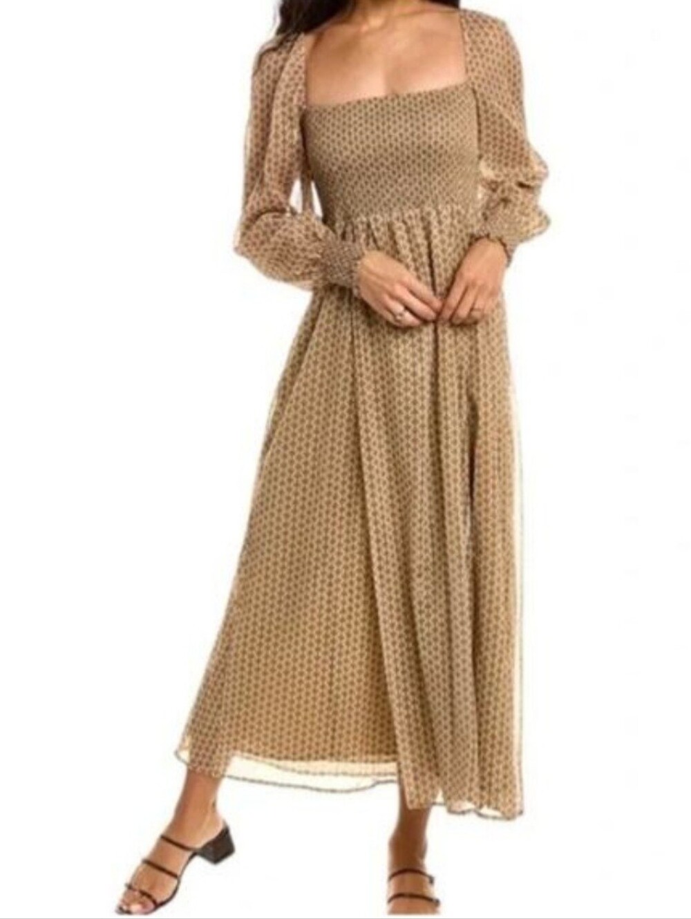 o.p.t Square Neck Smocked Patterned Maxi Dress Brown Gold Cream. Festivile Vibes